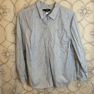 Woman's Karen Scott Button Long Sleeve Blue White Striped Yellow Flowers Size XL